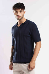 Navy Textured Open-Collar Polo T-Shirt