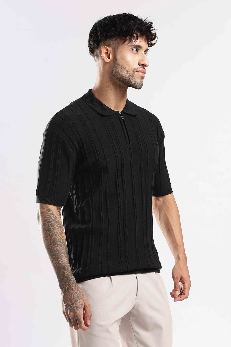 Black Textured Zip Polo T-Shirt