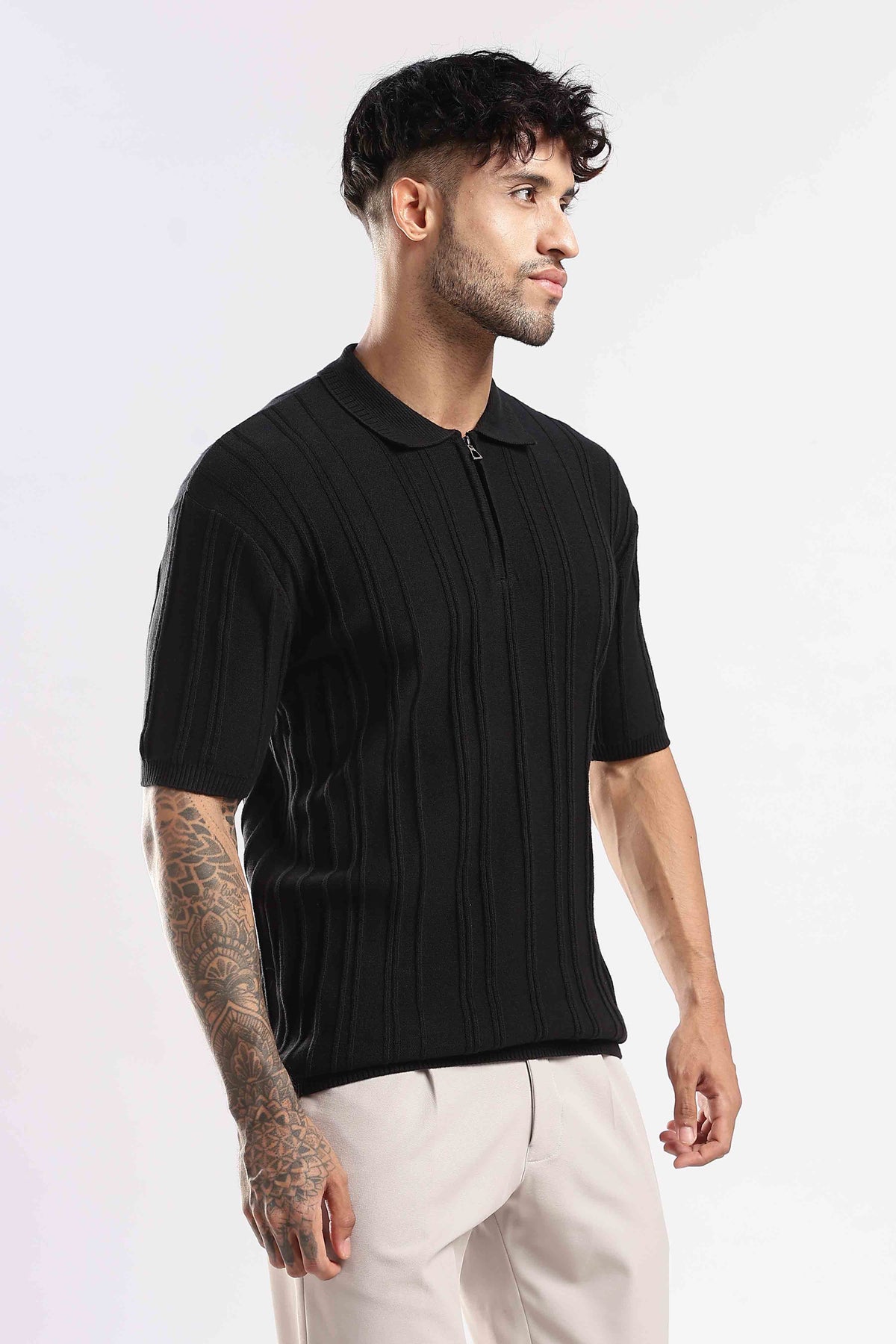 Black Textured Zip Polo T-Shirt