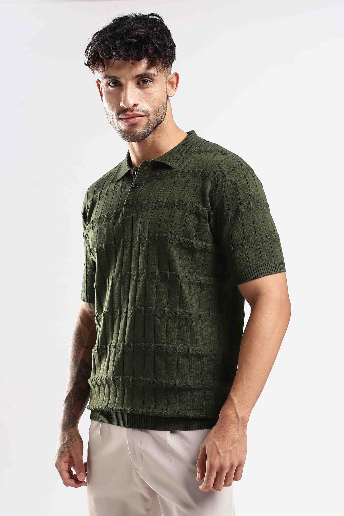 Olive Textured Knit Polo T-Shirt