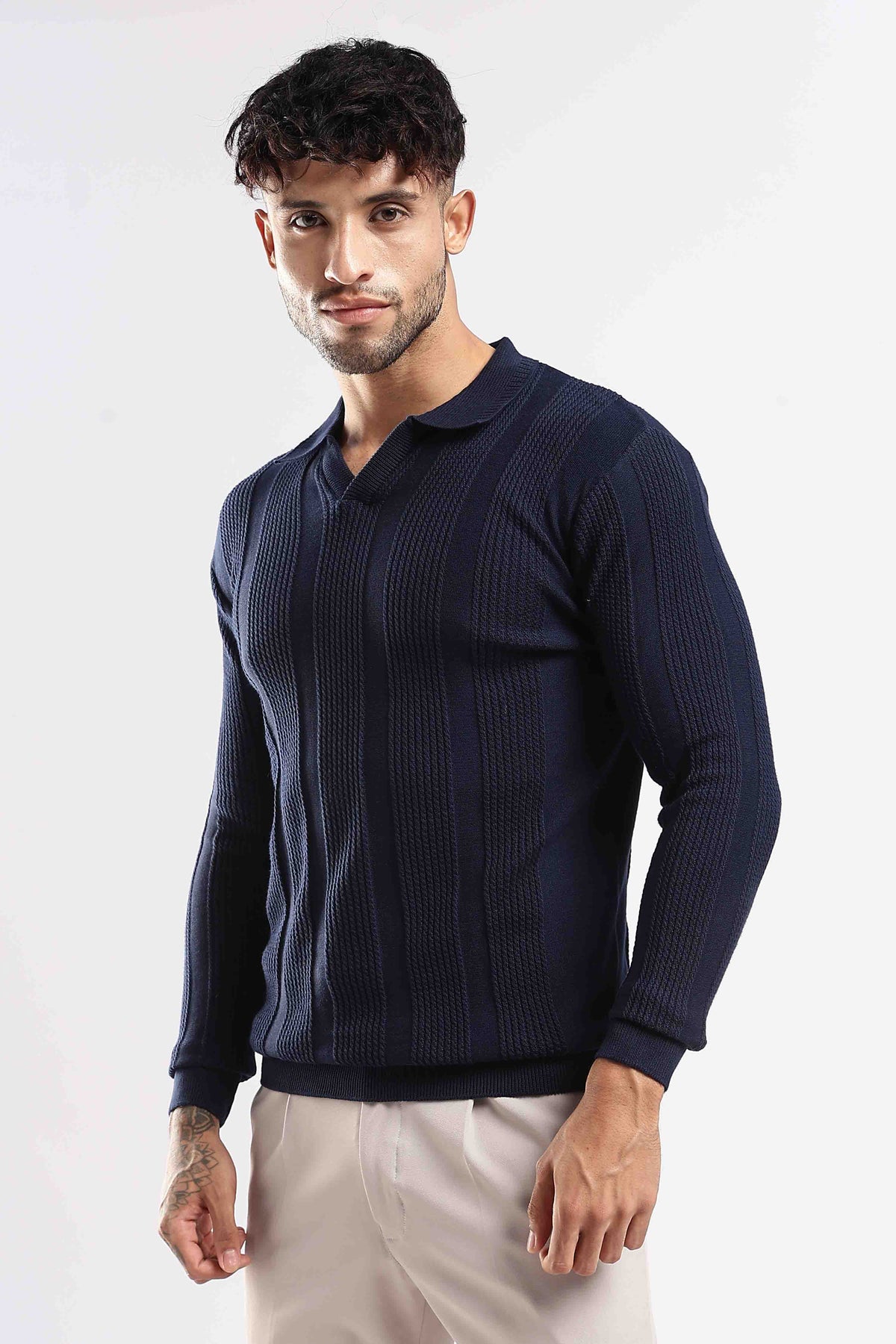 Navy Blue Textured Open-Collar Full Sleeve Polo T-Shirt